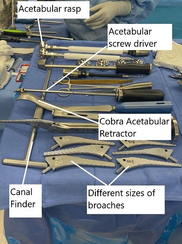 Instruments used in a total hip replacement. Instruments used in a total hip replacement.